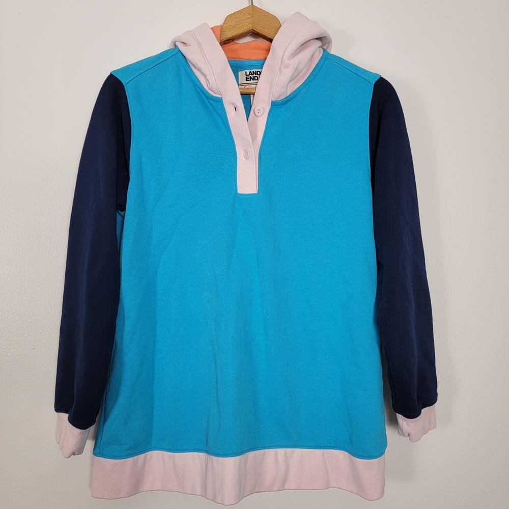 Lands' End Teal White Colorblock Sweatshirt Sporty Hoody Pullover Medium